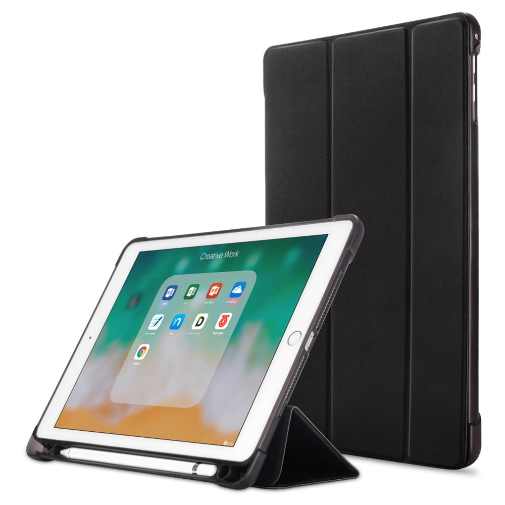 Leather Case for iPad 9.7-inch (2018) / (2017) / iPad Air 2 / Air (2013) Tri-Fold Stand Auto Sleep / Wake Cover with Pencil Holder - Black