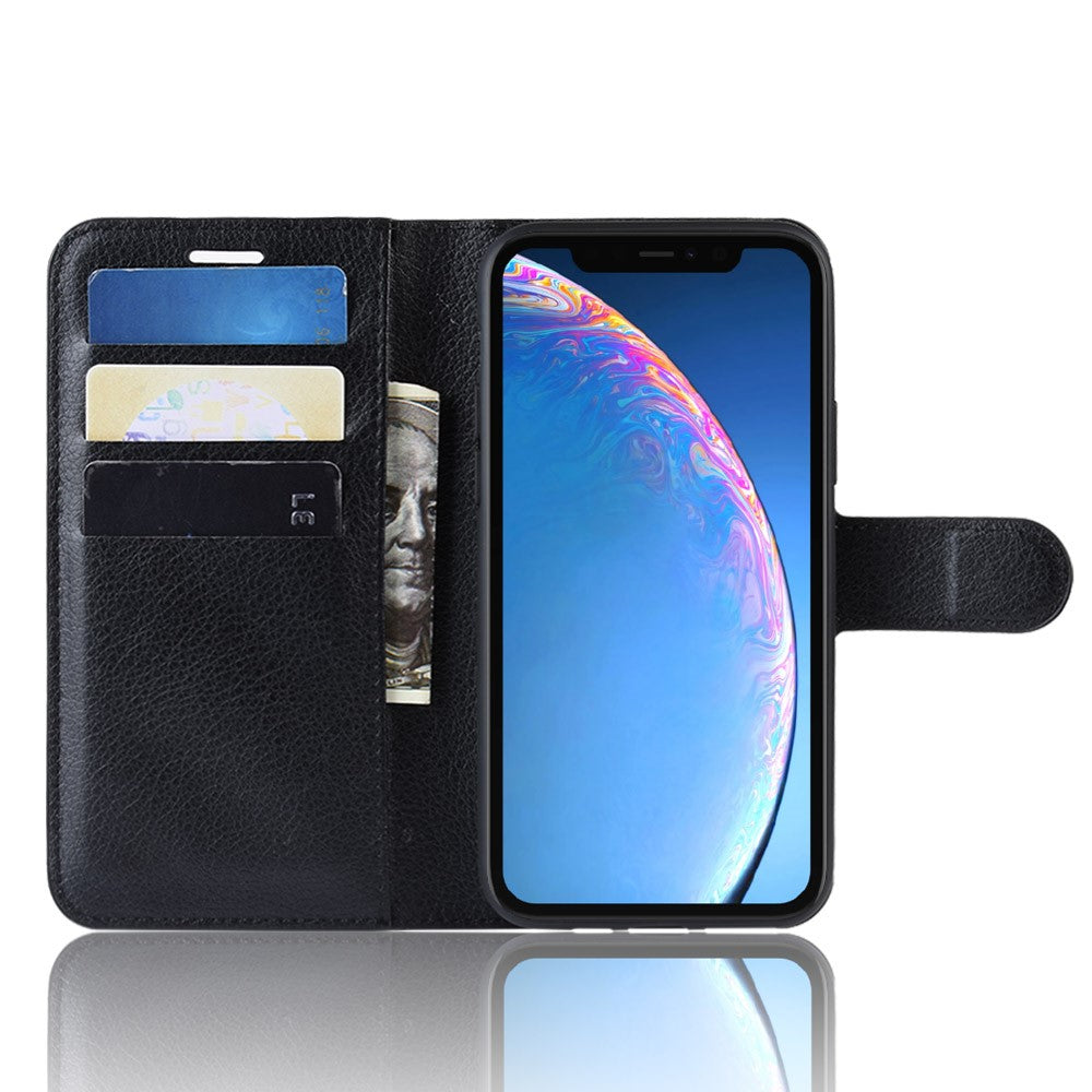 Litchi Skin Leather Wallet Stand Case for iPhone 11 6.1 inch (2019) with Soft TPU Inner Case - Black