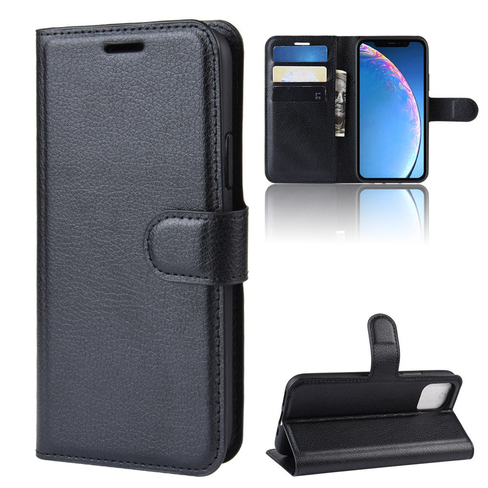 Litchi Skin Leather Wallet Stand Case for iPhone 11 6.1 inch (2019) with Soft TPU Inner Case - Black