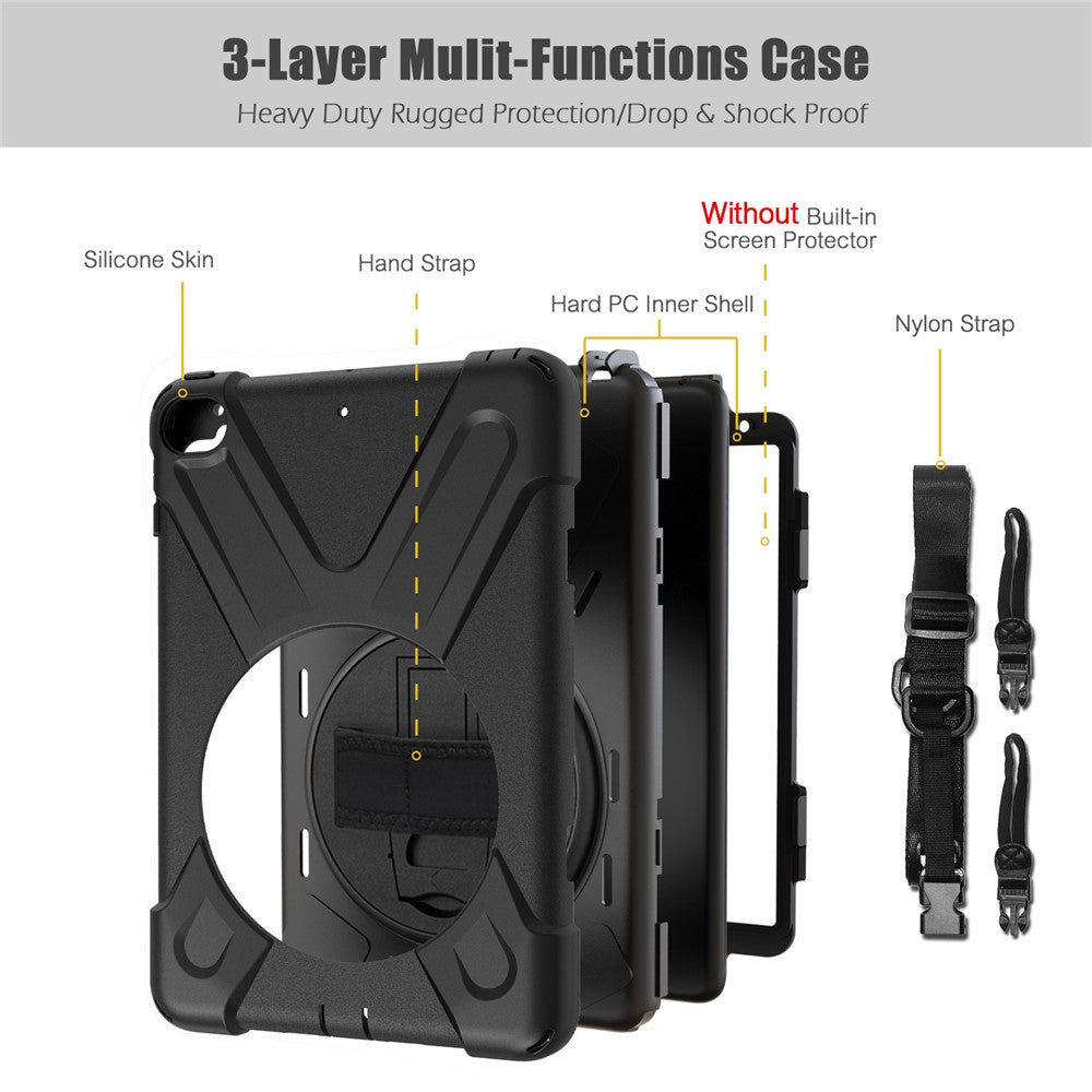 For iPad mini (2019) 7.9 inch / mini 4 X-Shape PC + TPU Rotary Kickstand Cover with Handstrap + Shoulder Strap - Black