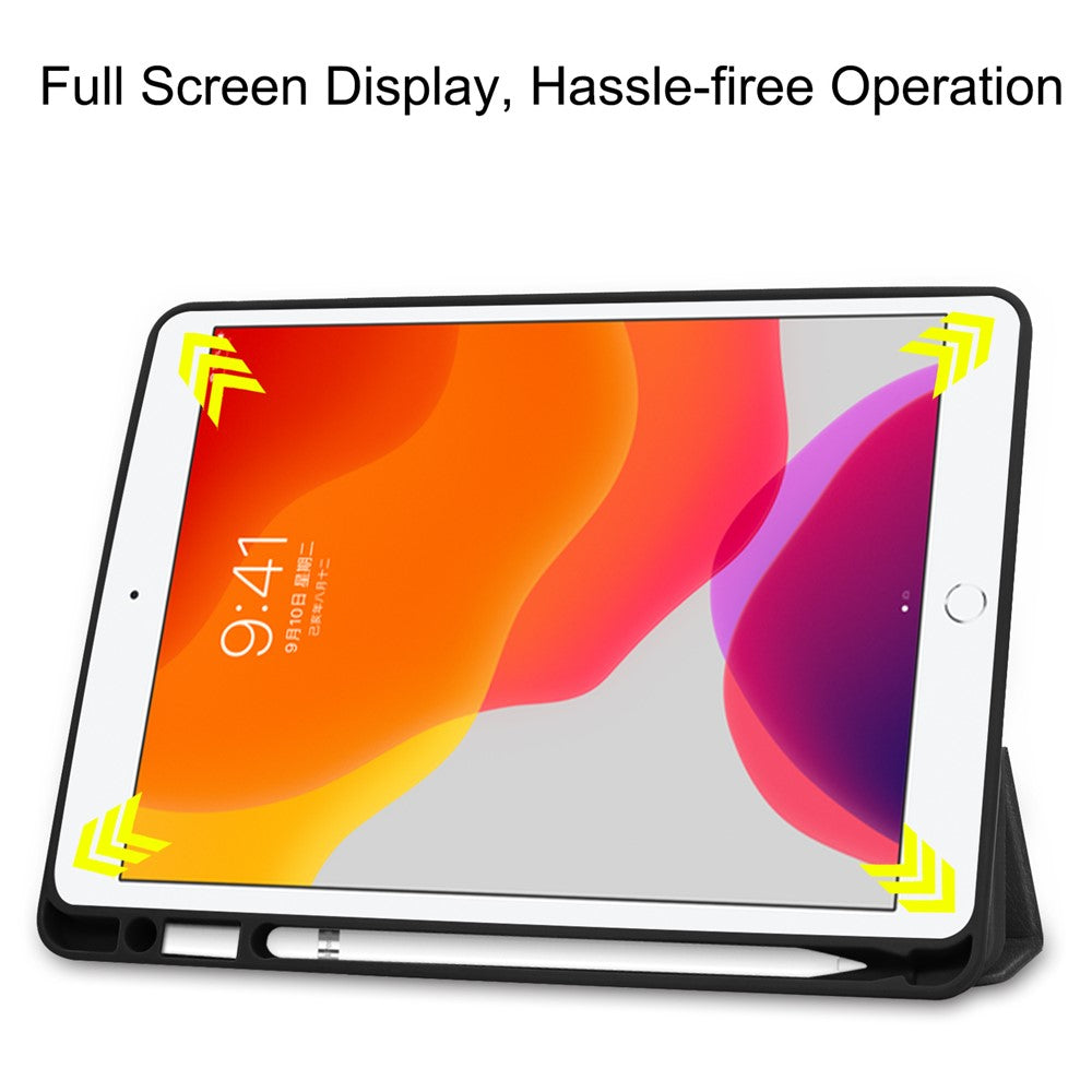 Leather Tablet Cover for iPad 10.2 (2021) / (2020) / (2019) Tri-Fold Stand Protection Case with Pen Slot - Black