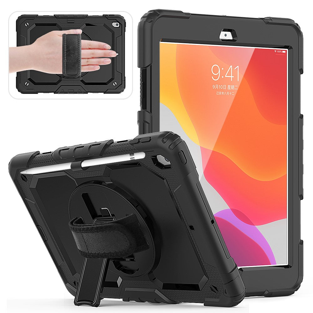 For iPad 10.2 (2020) / (2019) 360° Swivel Kickstand PC + Silicone Tablet Case Hand Strap Protective Cover with Shoulder Strap - All Black