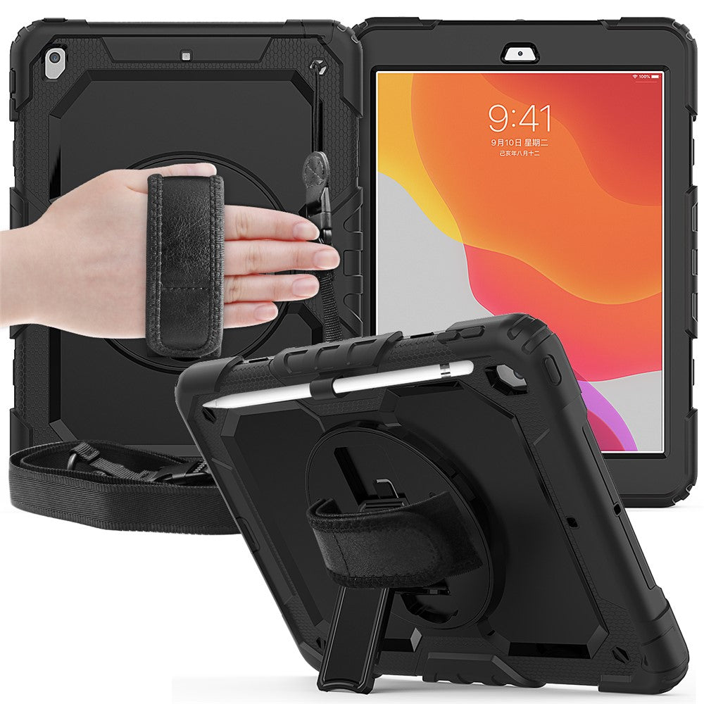 For iPad 10.2 (2020) / (2019) 360° Swivel Kickstand PC + Silicone Tablet Case Hand Strap Protective Cover with Shoulder Strap - All Black