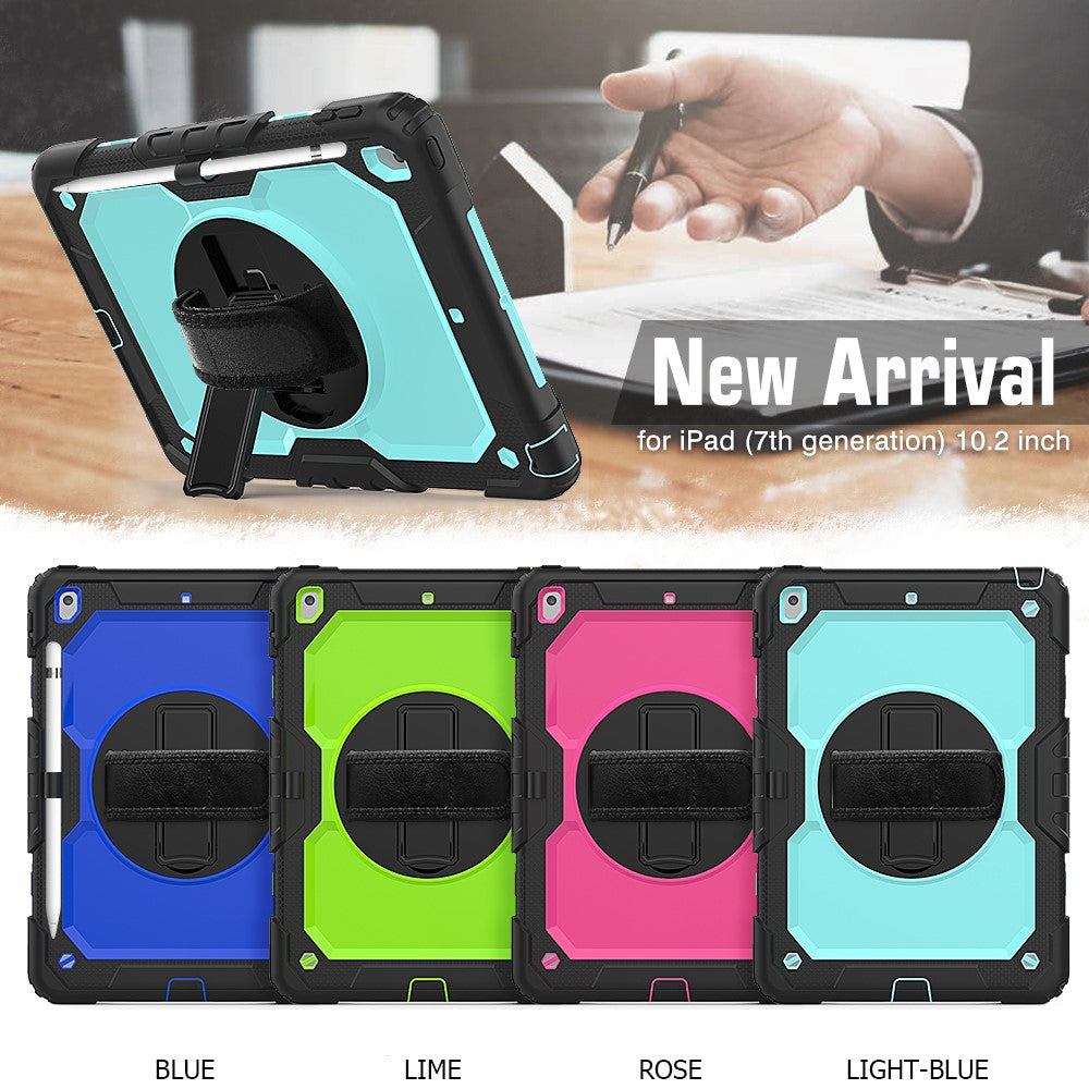 For iPad 10.2 (2020) / (2019) 360° Swivel Kickstand PC + Silicone Tablet Case Hand Strap Protective Cover with Shoulder Strap - All Black