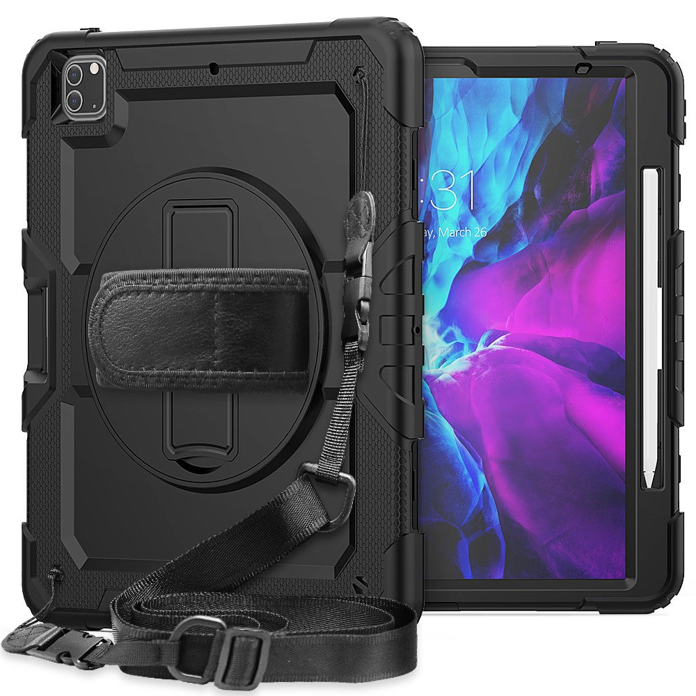 Tablet Case for iPad Pro 12.9 (2022) / (2021) / (2020) / (2018) Swivel Kickstand Hand Strap PC + Silicone Cover with Shoulder Strap - Black