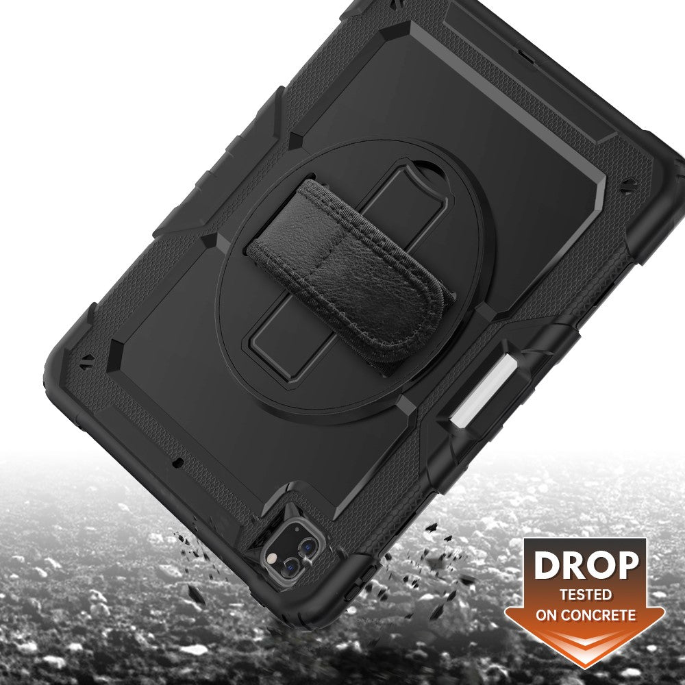 Tablet Case for iPad Pro 12.9 (2022) / (2021) / (2020) / (2018) Swivel Kickstand Hand Strap PC + Silicone Cover with Shoulder Strap - Black