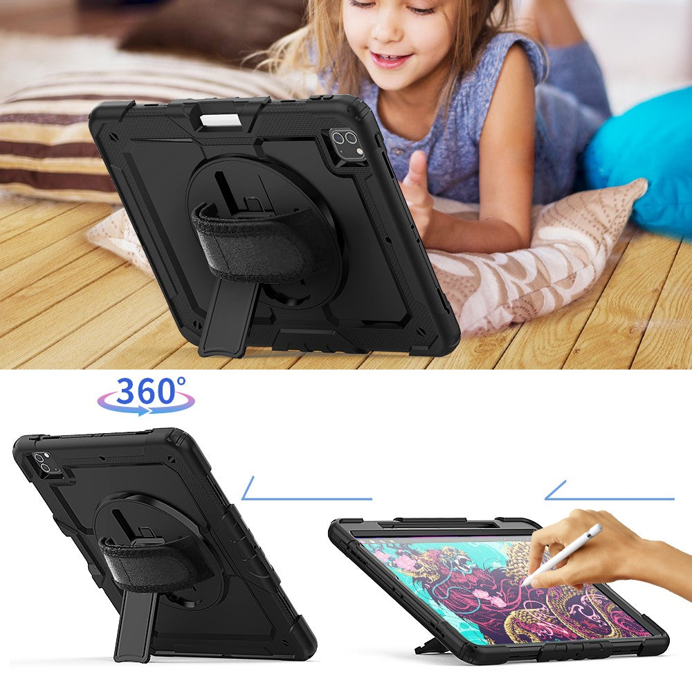 Tablet Case for iPad Pro 12.9 (2022) / (2021) / (2020) / (2018) Swivel Kickstand Hand Strap PC + Silicone Cover with Shoulder Strap - Black