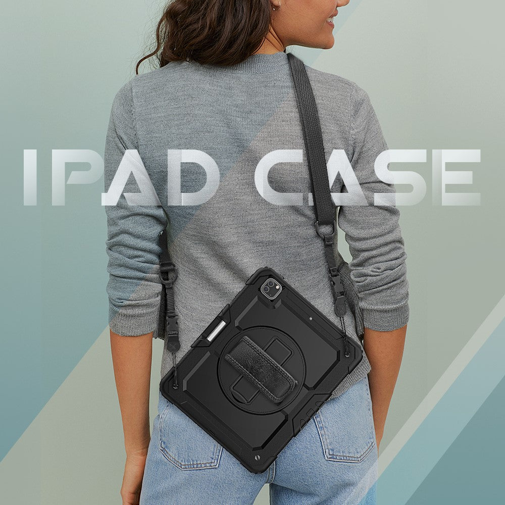 Tablet Case for iPad Pro 12.9 (2022) / (2021) / (2020) / (2018) Swivel Kickstand Hand Strap PC + Silicone Cover with Shoulder Strap - Black