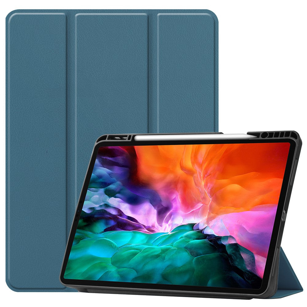 Anti-fingerprint Tri-fold Stand PU Leather Tablet Cover Smart Case with Pen Slot for Apple iPad Pro 12.9-inch (2021) - Blackish Green