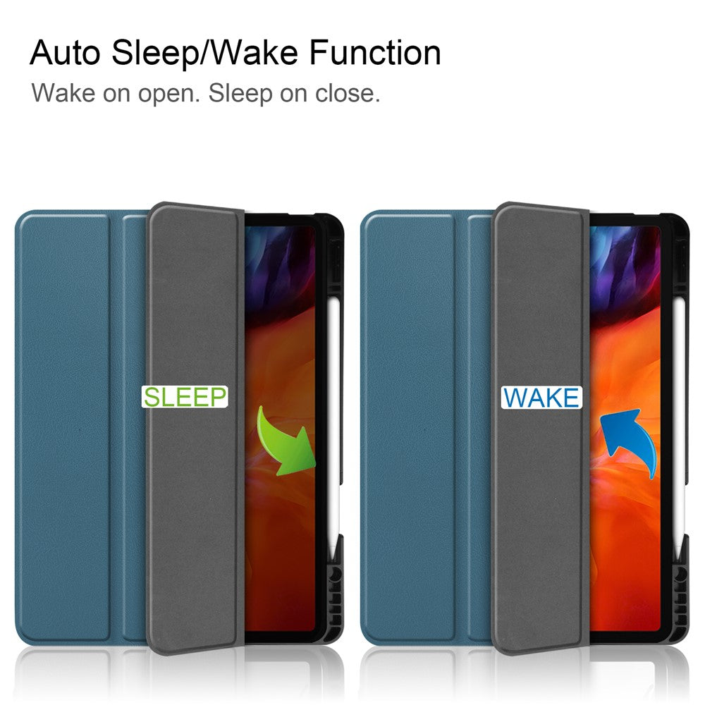 Anti-fingerprint Tri-fold Stand PU Leather Tablet Cover Smart Case with Pen Slot for Apple iPad Pro 12.9-inch (2021) - Blackish Green