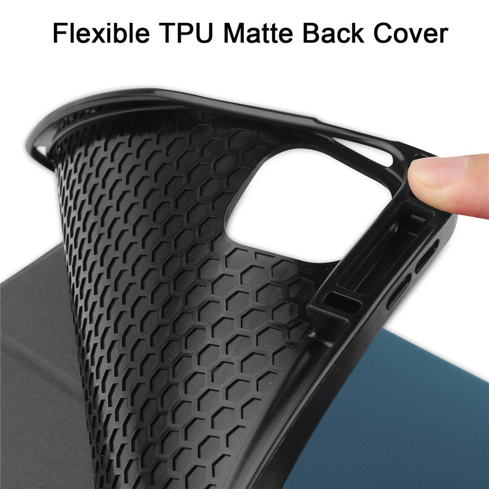 Anti-fingerprint Tri-fold Stand PU Leather Tablet Cover Smart Case with Pen Slot for Apple iPad Pro 12.9-inch (2021) - Blackish Green