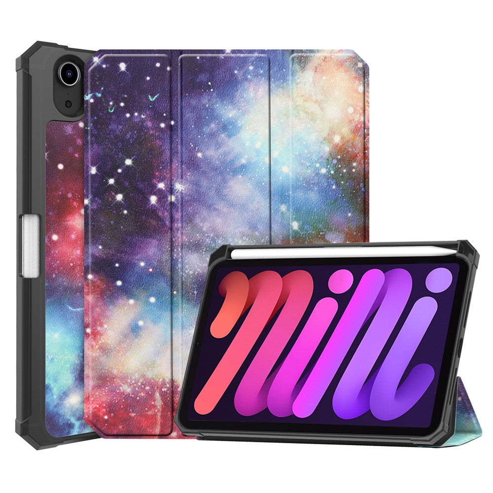 For iPad mini (2024) / mini (2021) Protective Case with Pencil Holder Pattern Printed Tri-Fold Stand Leather Tablet Cover - Starry Sky