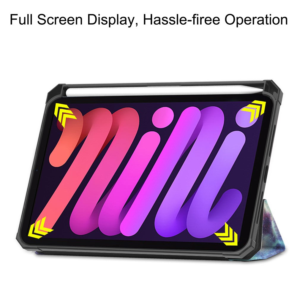 For iPad mini (2024) / mini (2021) Protective Case with Pencil Holder Pattern Printed Tri-Fold Stand Leather Tablet Cover - Starry Sky