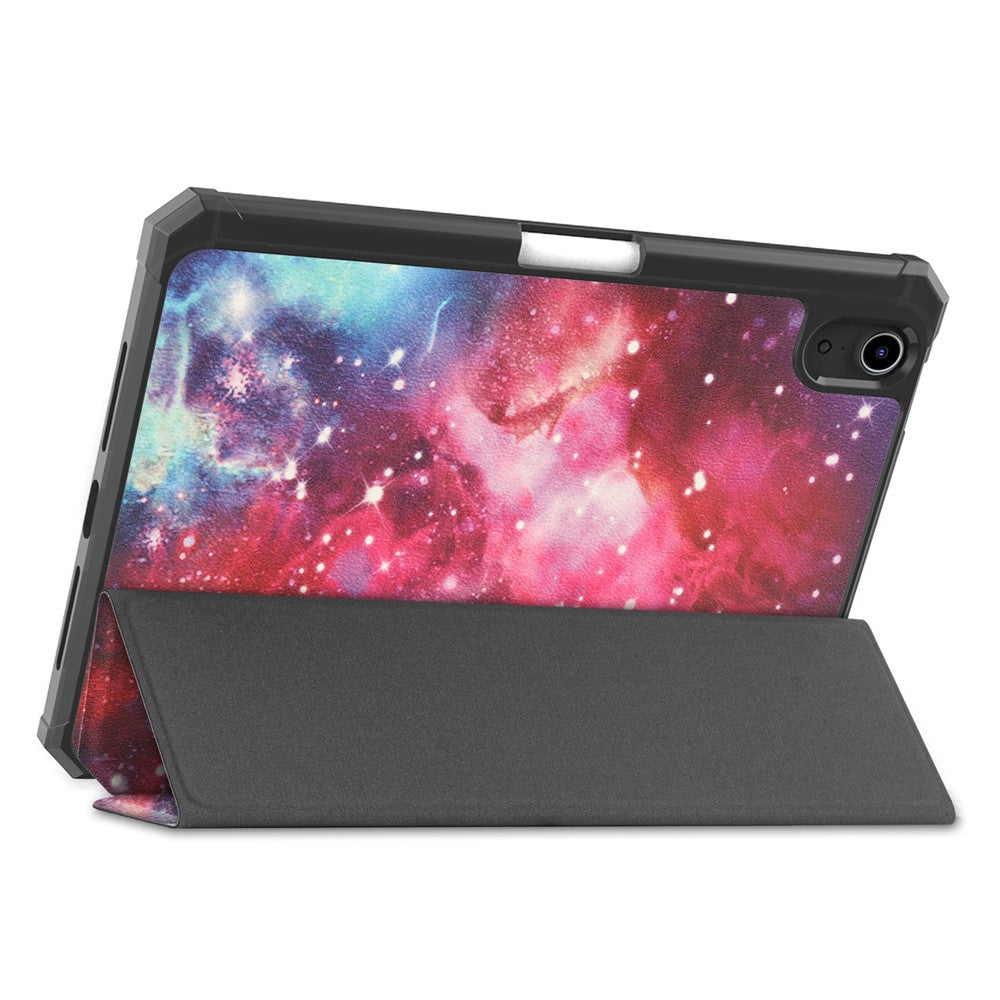 For iPad mini (2024) / mini (2021) Protective Case with Pencil Holder Pattern Printed Tri-Fold Stand Leather Tablet Cover - Starry Sky