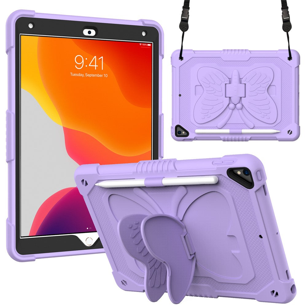 Butterfly Shape Kickstand Design PC + Silicone Tablet Cover Shell with Shoulder Strap for iPad 10.2 (2021) / (2020) / (2019) - Purple
