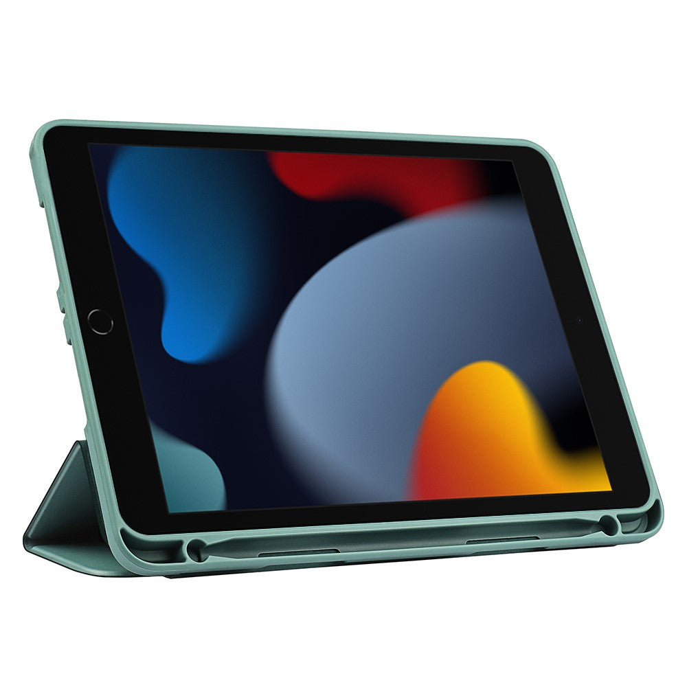 For iPad 10.2 (2020) / (2019) / (2021) Tri-fold Stand Protective Case Microfiber Leather + TPU + Silicone Wake/sleep Tablet Shell with Pen Slot - Dark Green
