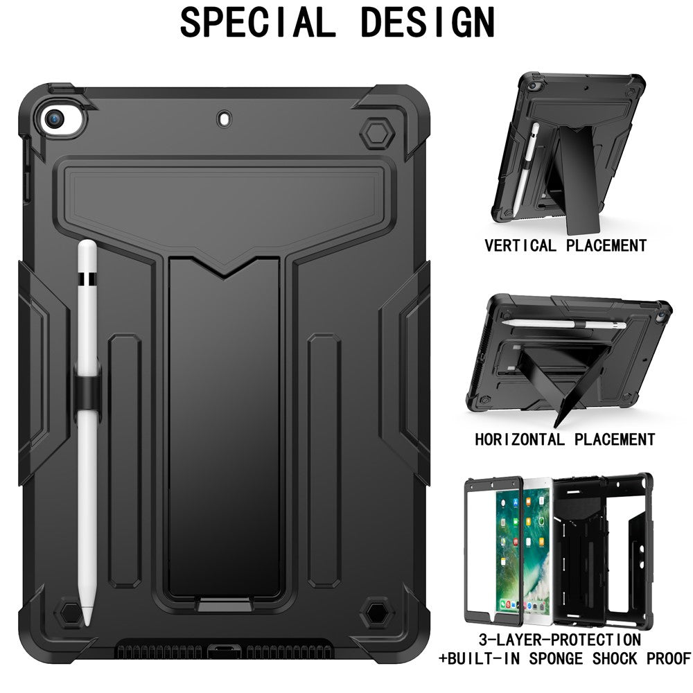 T-shaped Kickstand Design PC + Silicone Tablet Case Protector for iPad 10.2 (2021) - Black/Black