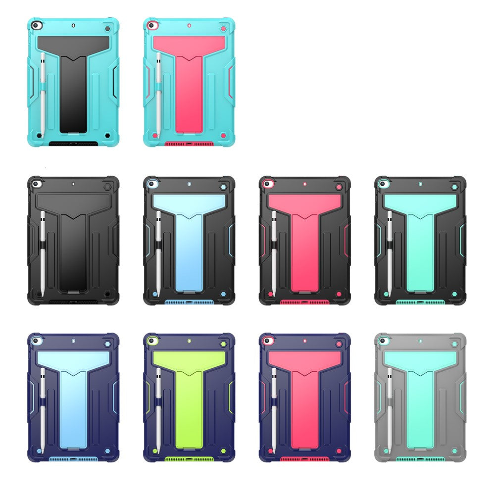 T-shaped Kickstand Design PC + Silicone Tablet Case Protector for iPad 10.2 (2021) - Black/Black