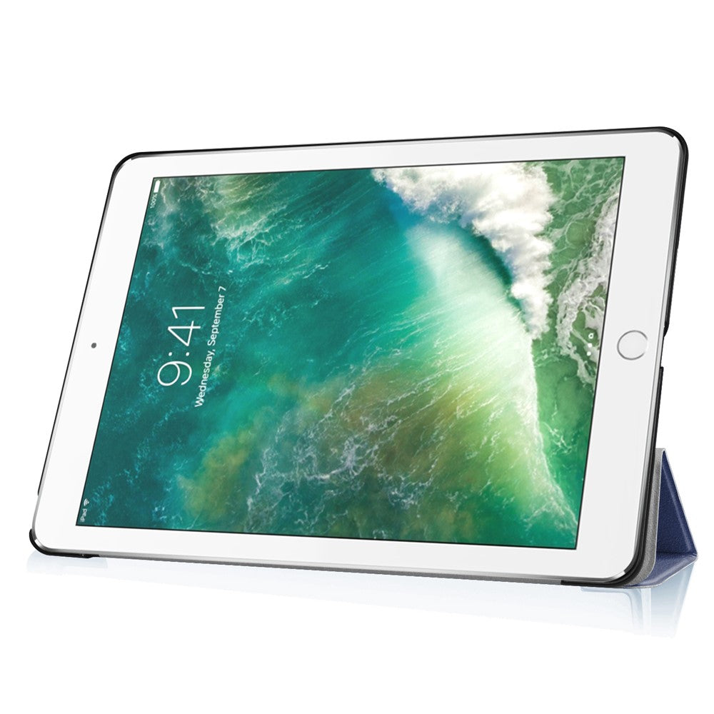 For iPad 9.7 (2018) / 9.7 (2017) Tri-Fold Stand Lightweight Full Protection Smart Leather Tablet Case Cover - Dark Blue
