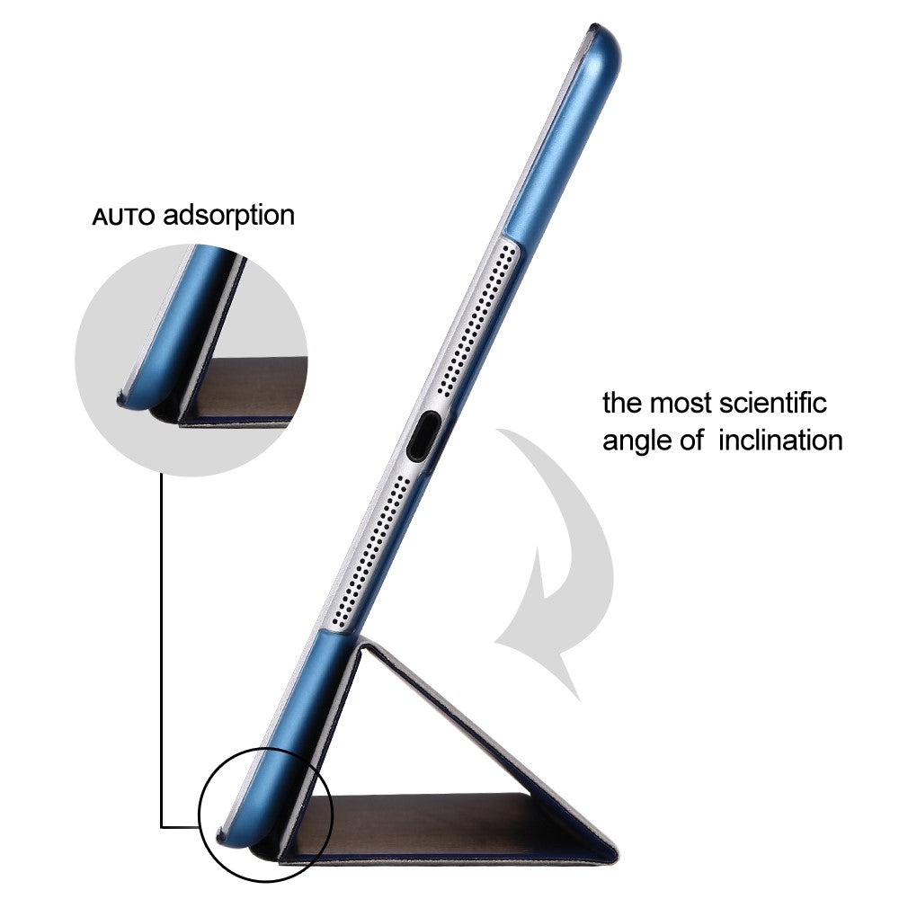 For iPad 9.7-inch (2018) / (2017) Magnetic Tri-Fold Stand Leather Case Smart Awake / Sleep Tablet Cover - Dark Blue