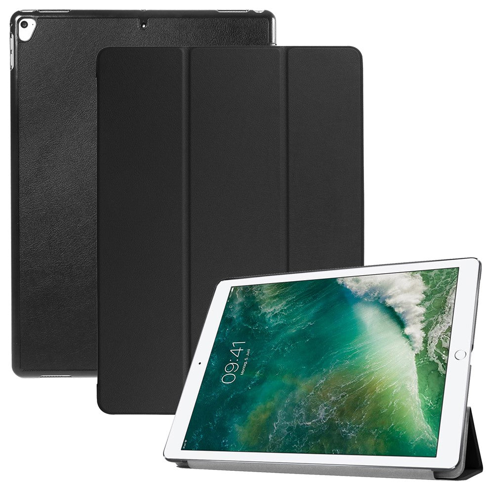 For iPad Pro 12.9 (2017) PU Leather Ultra Thin Tri-Fold Stand Auto Sleep / Wake Tablet Cover - Black