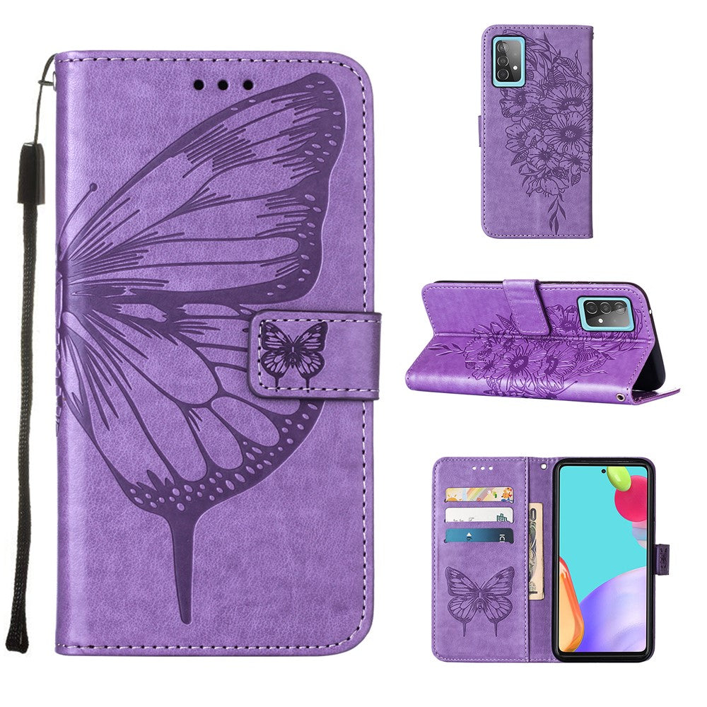 Imprint Butterfly Flower Pattern Wallet Stand Leather Case for Samsung Galaxy A52 4G/5G / A52s 5G - Purple