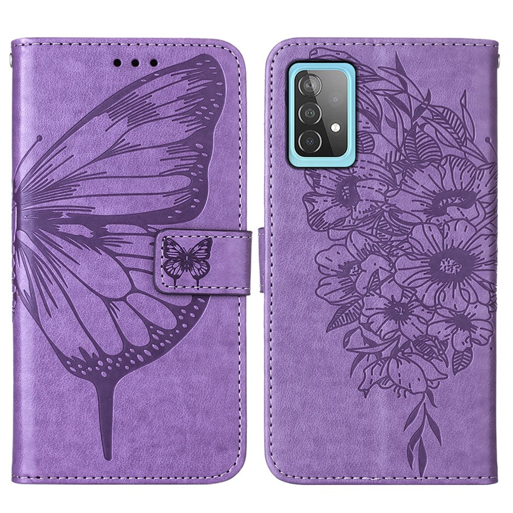 Imprint Butterfly Flower Pattern Wallet Stand Leather Case for Samsung Galaxy A52 4G/5G / A52s 5G - Purple