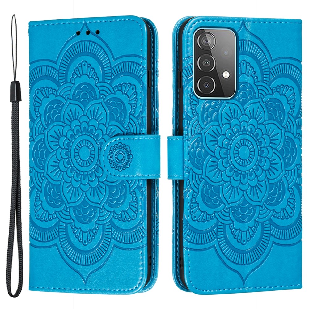 Imprint Mandala Flower Wallet Leather Cover for Samsung Galaxy A52 4G/5G / A52s 5G Protective Stand Shell - Blue