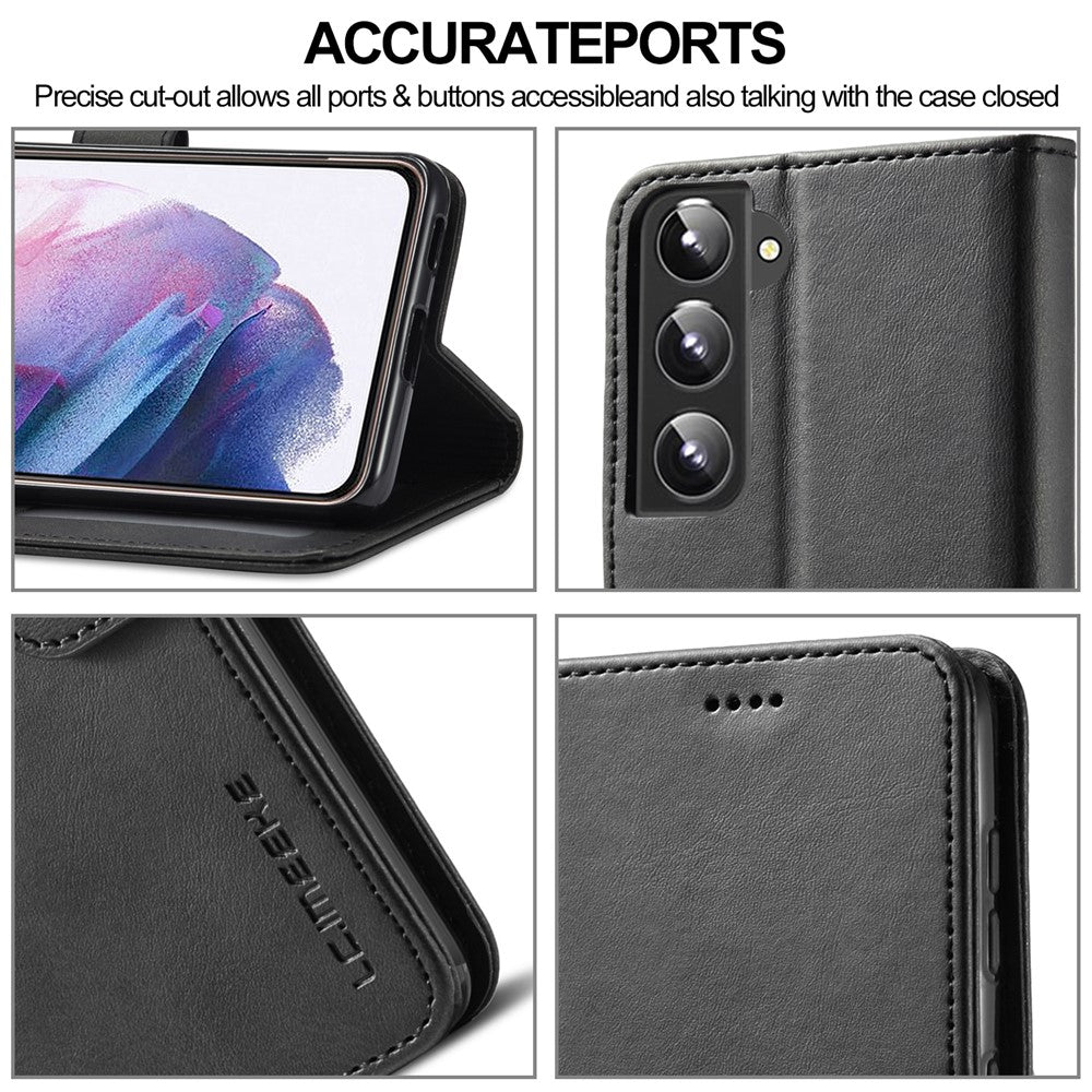 Fall Prevention Textured Wallet PU Leather Flip Folio Stand Case Mobile Phone Case Cover for Samsung Galaxy S22 5G - Black