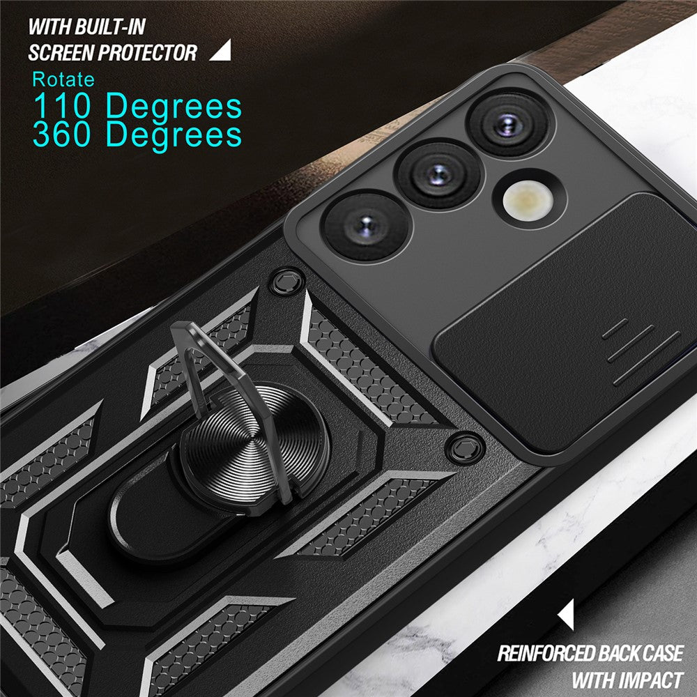 For Samsung Galaxy S25 Case with Slide Camera Lid PC+TPU Kickstand Phone Cover - Black