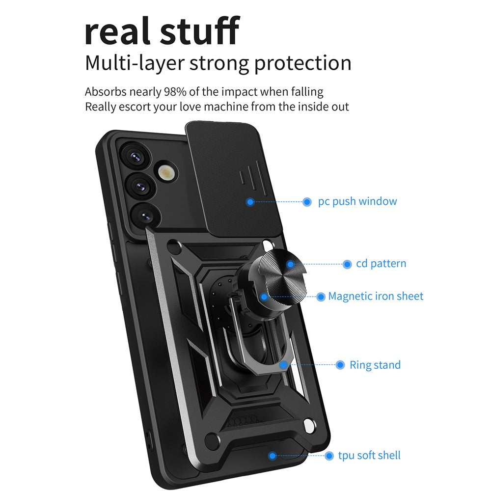 For Samsung Galaxy S25 Case with Slide Camera Lid PC+TPU Kickstand Phone Cover - Black