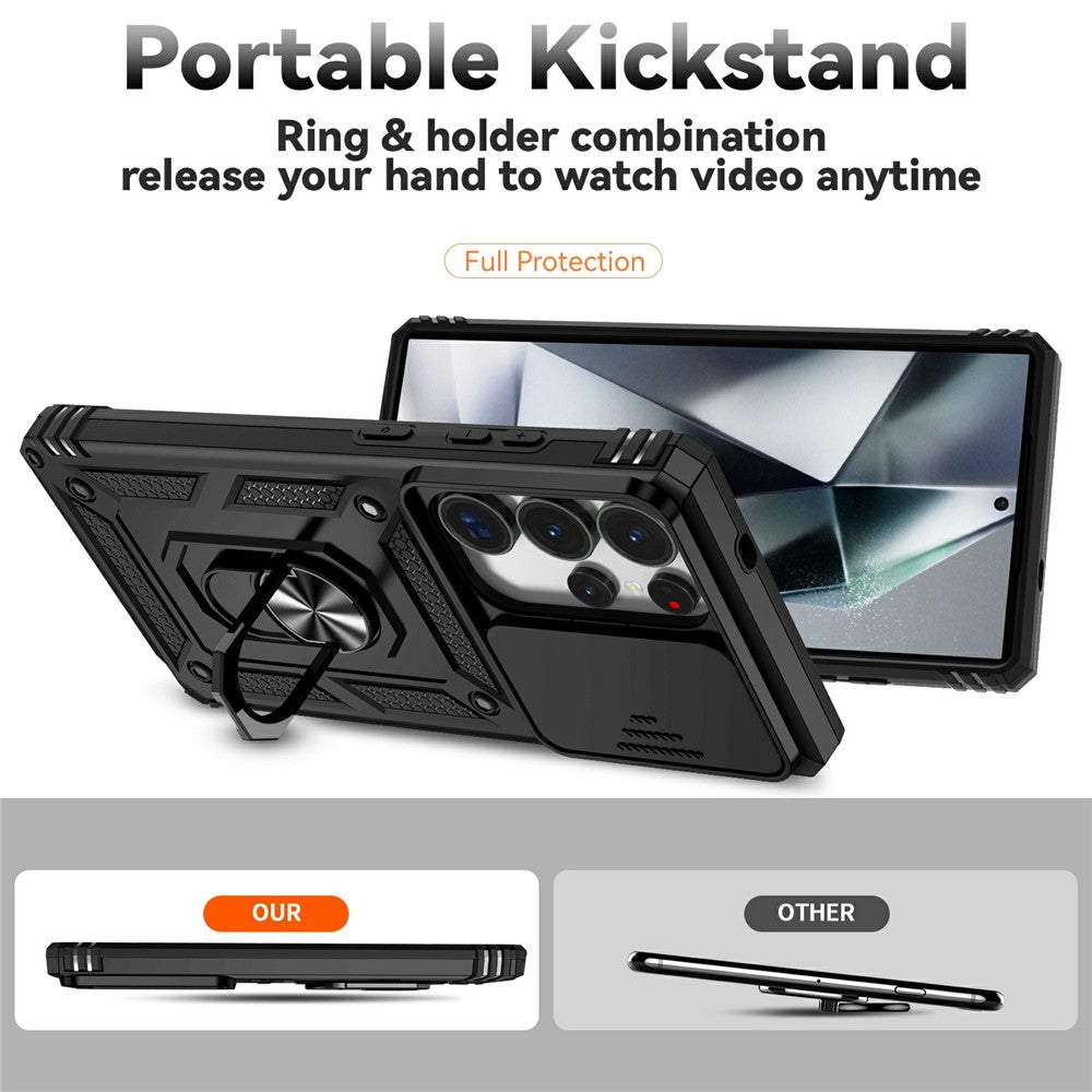 For Samsung Galaxy S25 Ultra Case PC + TPU Phone Cover Lens Protection Kickstand - Black