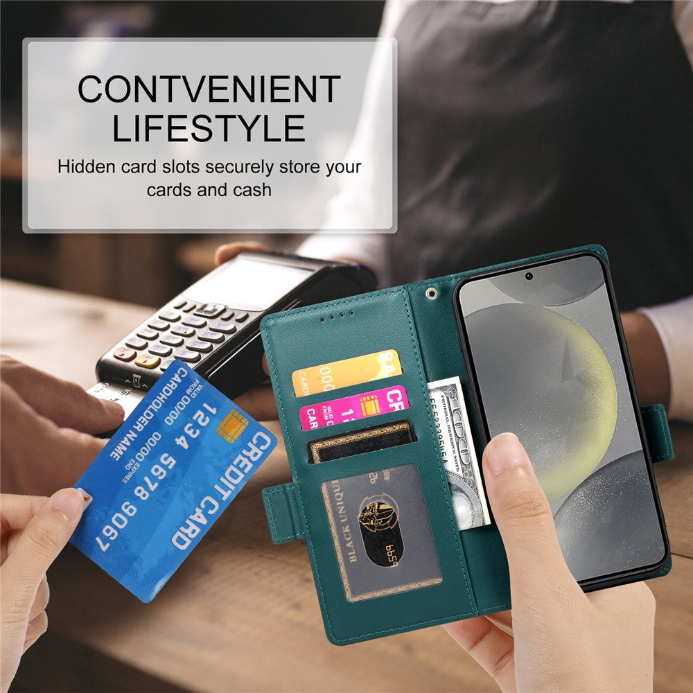 For Samsung Galaxy S25 Stand Case PU Leather Wallet Phone Cover - Blackish Green