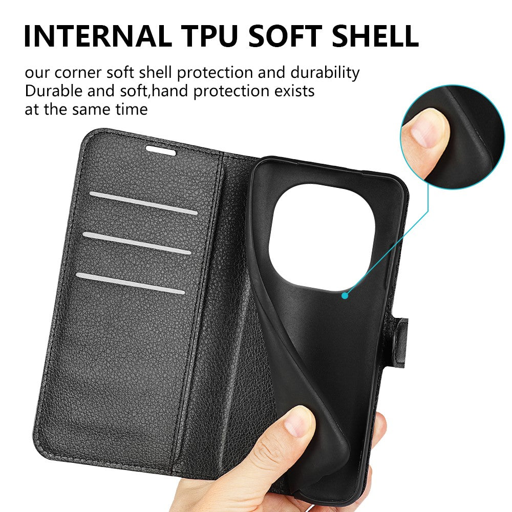 For Xiaomi Redmi Note 14 Pro 5G / Poco X7 5G Case Litchi Texture Leather Wallet Phone Cover - Black