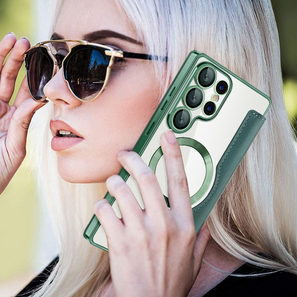 For Samsung Galaxy S25 Ultra Magnetic Case Leather Phone Cover - Blackish Green