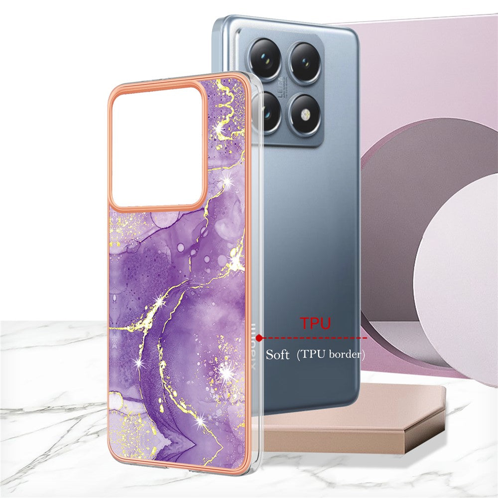 For Xiaomi 14T Pro TPU Case with IMD Marble Pattern Electroplated Back Cover - Purple 002