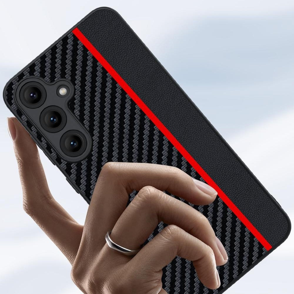 For Samsung Galaxy S25 Case Leather+PC Hard Phone Cover Carbon Fiber Texture - Black / Red
