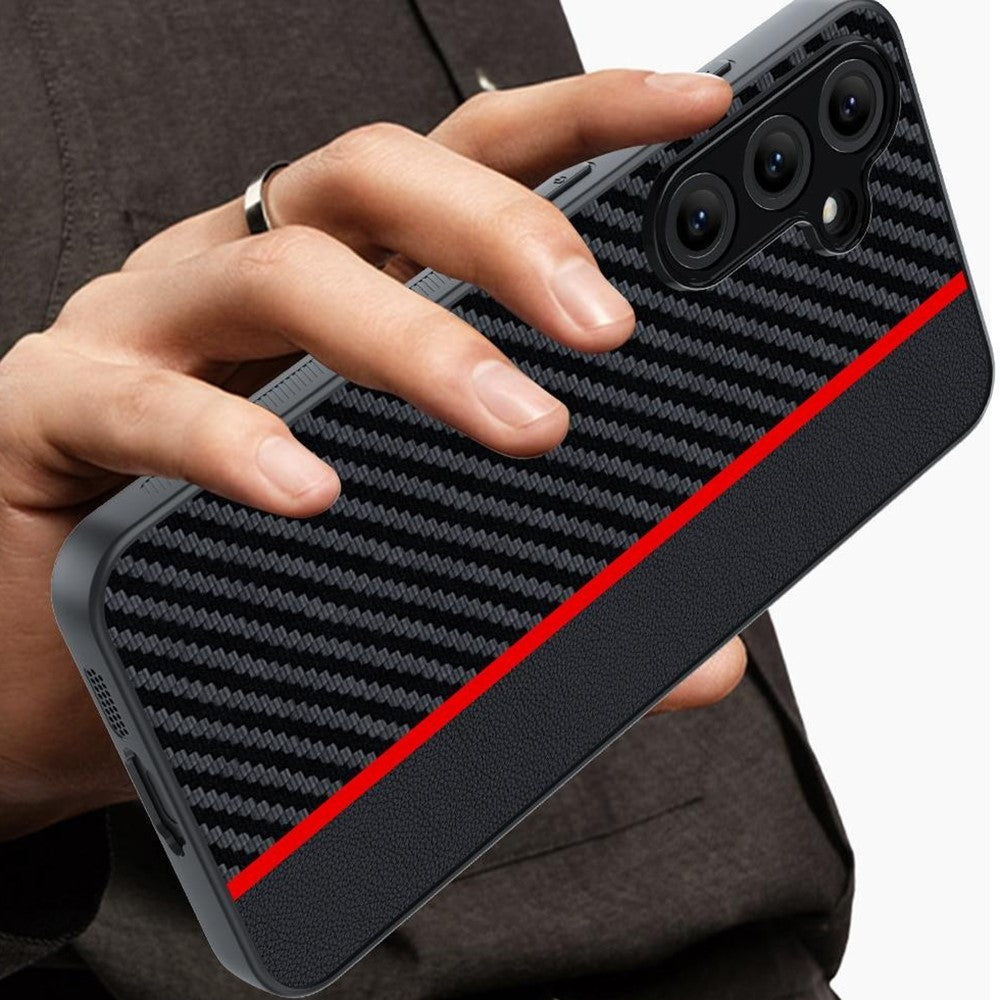 For Samsung Galaxy S25 Case Leather+PC Hard Phone Cover Carbon Fiber Texture - Black / Red