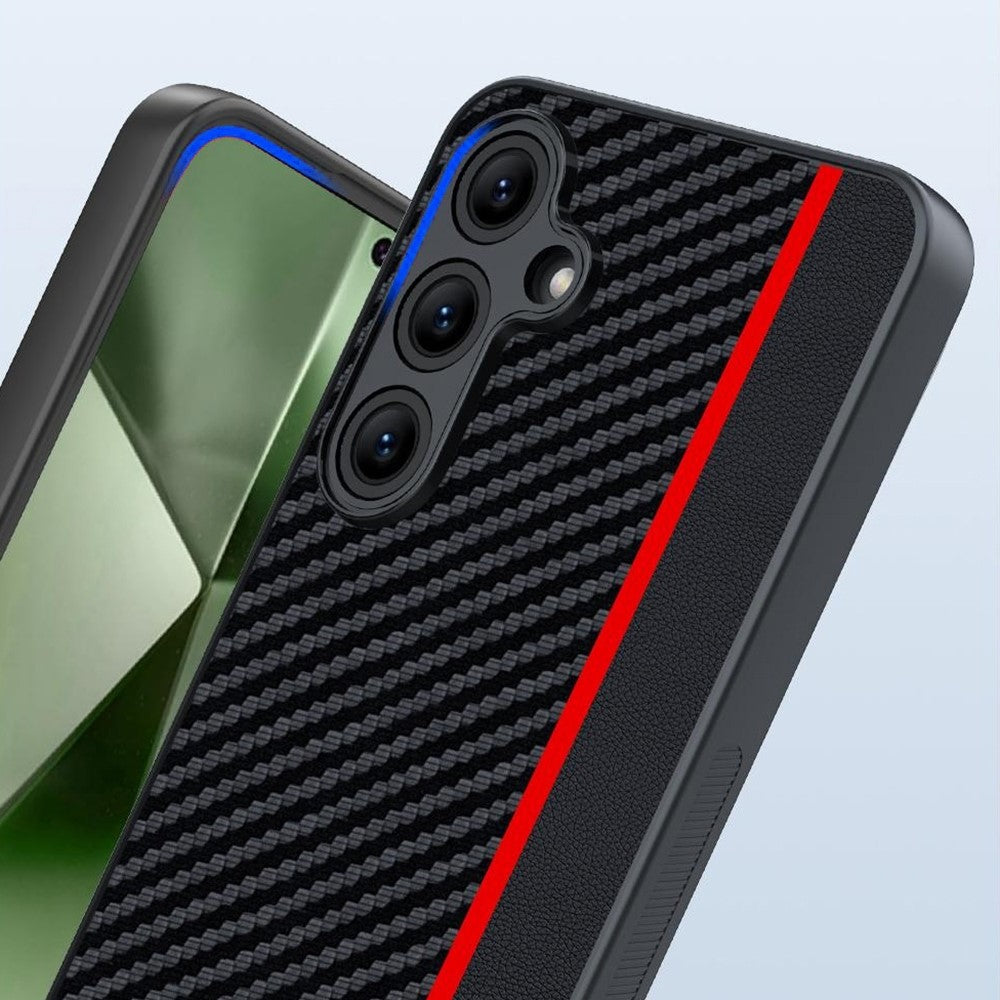 For Samsung Galaxy S25 Case Leather+PC Hard Phone Cover Carbon Fiber Texture - Black / Red