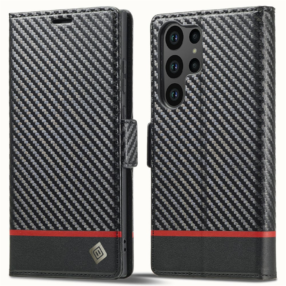 For Samsung Galaxy S25 Ultra Case Carbon Fiber Texture Phone Cover Stand Card Holder - Horizontal Stripe