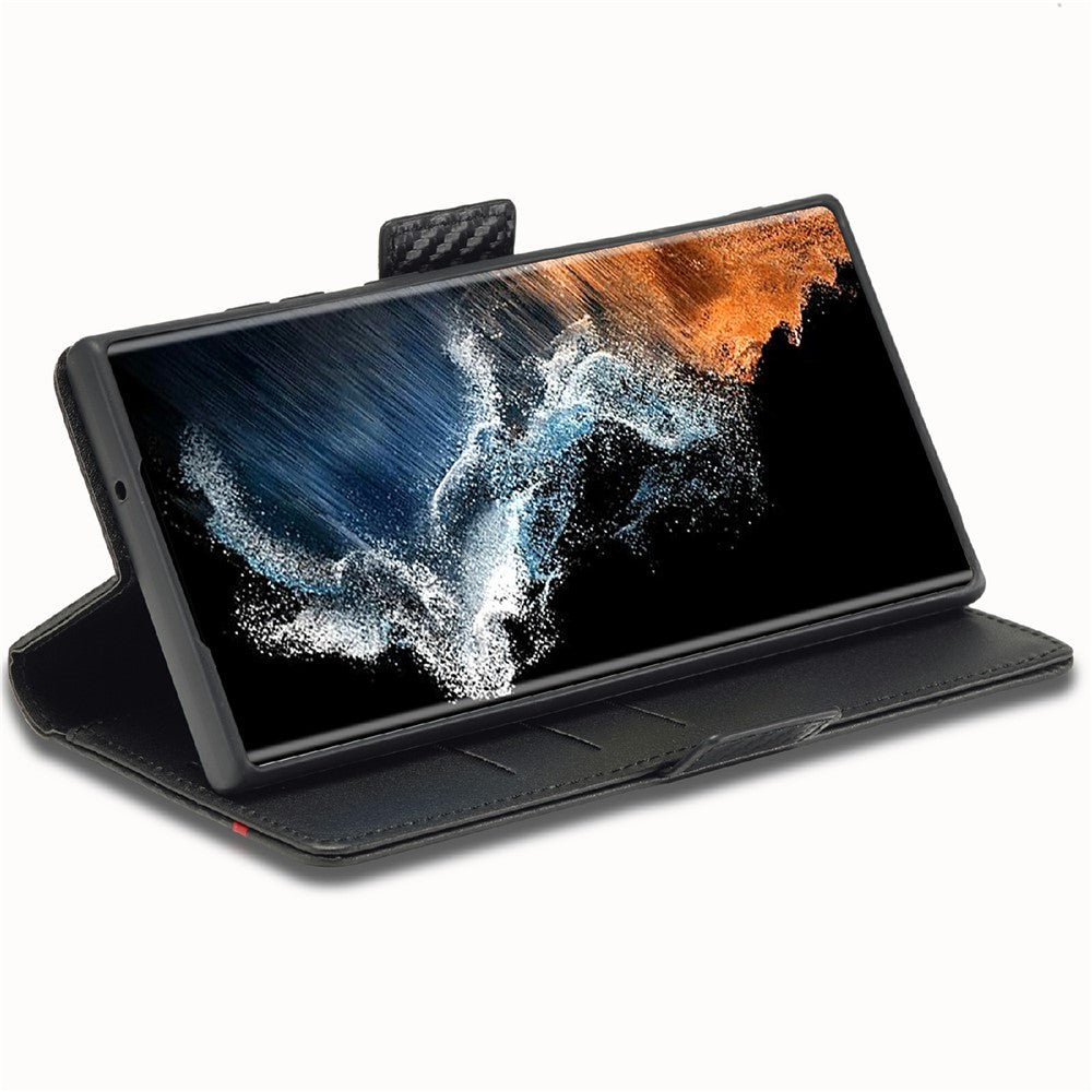 For Samsung Galaxy S25 Ultra Case Carbon Fiber Texture Phone Cover Stand Card Holder - Horizontal Stripe