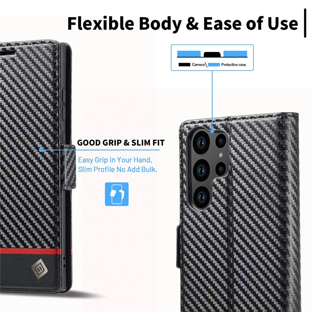 For Samsung Galaxy S25 Ultra Case Carbon Fiber Texture Phone Cover Stand Card Holder - Horizontal Stripe