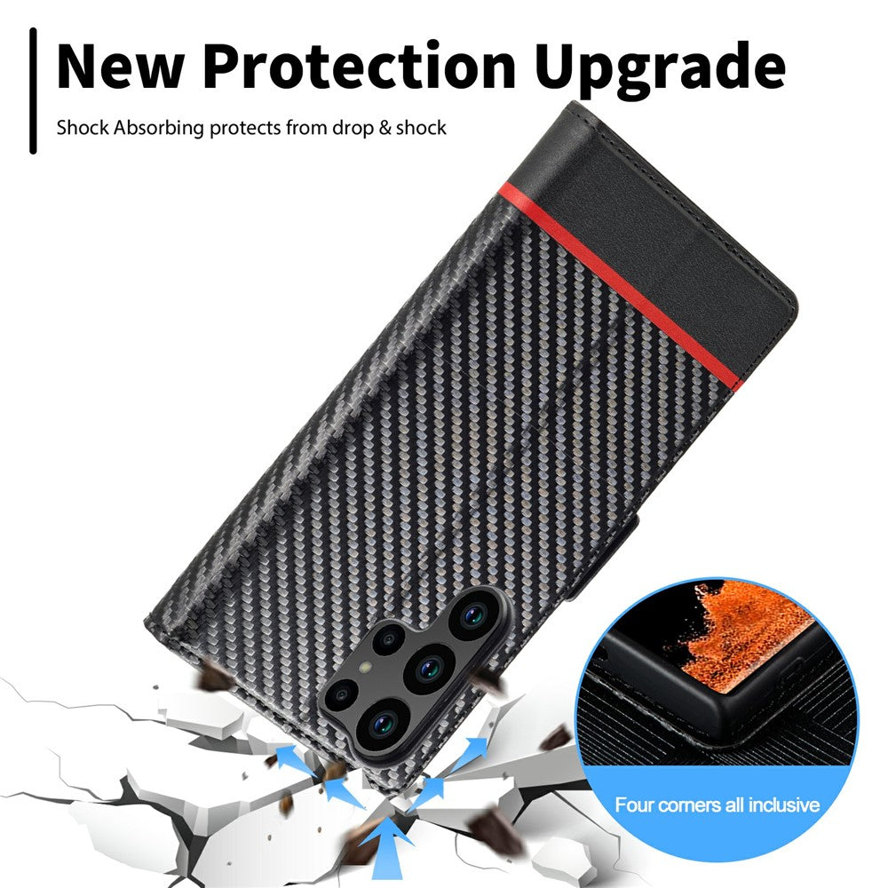For Samsung Galaxy S25 Ultra Case Carbon Fiber Texture Phone Cover Stand Card Holder - Horizontal Stripe