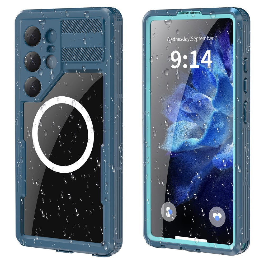 For Samsung Galaxy S25 Ultra IP68 Magnetic Case Clear Phone Cover - Lake Blue+Cyan