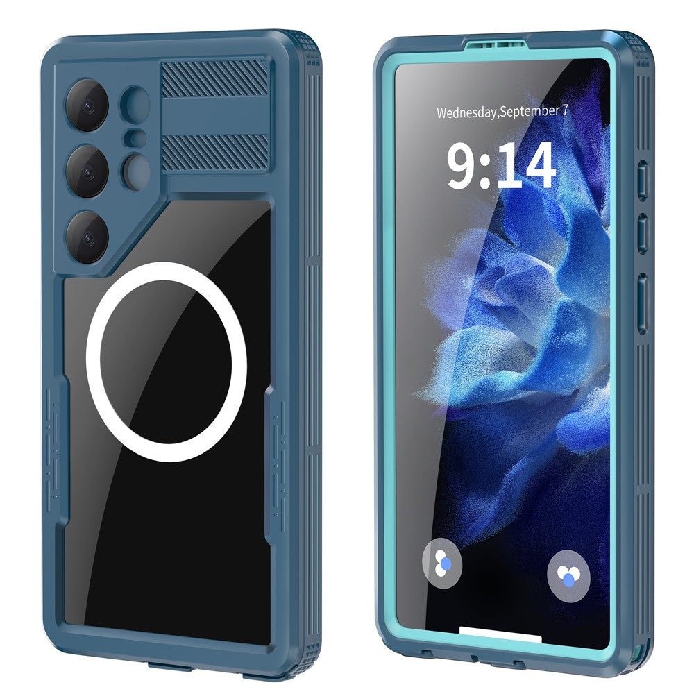 For Samsung Galaxy S25 Ultra IP68 Magnetic Case Clear Phone Cover - Lake Blue+Cyan