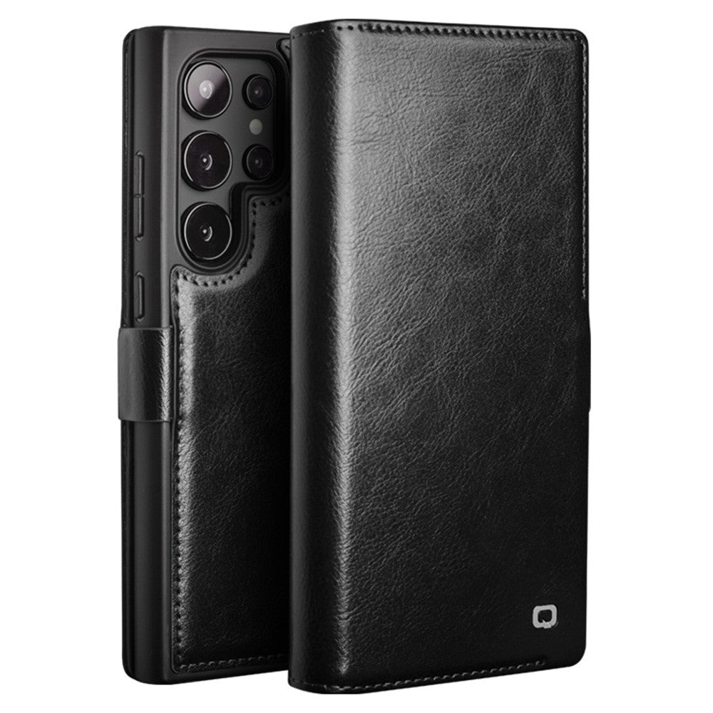 For Samsung Galaxy S25 Ultra Case  Cow Leather Wallet Phone Cover with Magnetic Closure - Black