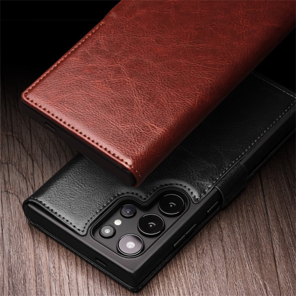 For Samsung Galaxy S25 Ultra Case  Cow Leather Wallet Phone Cover with Magnetic Closure - Black