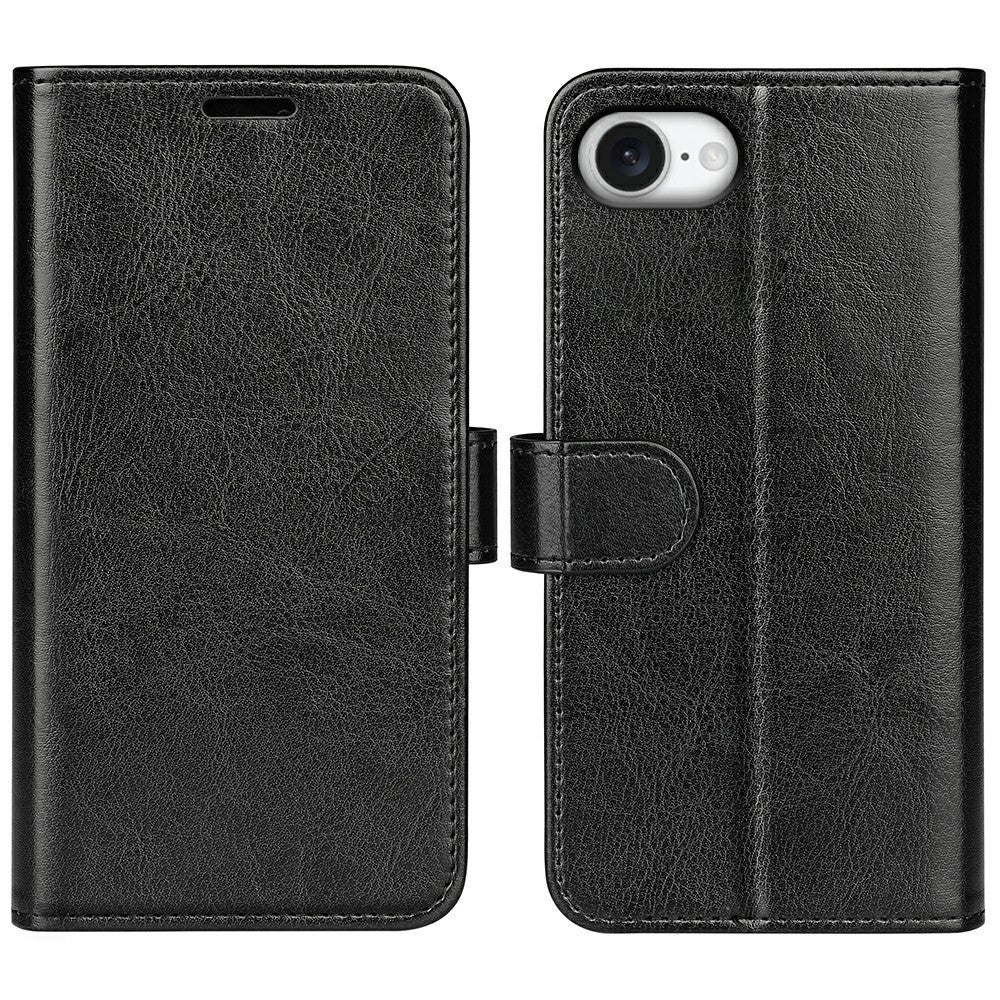 For iPhone 16e Wallet Case Crazy Horse Texture Stand Leather Phone Cover - Black