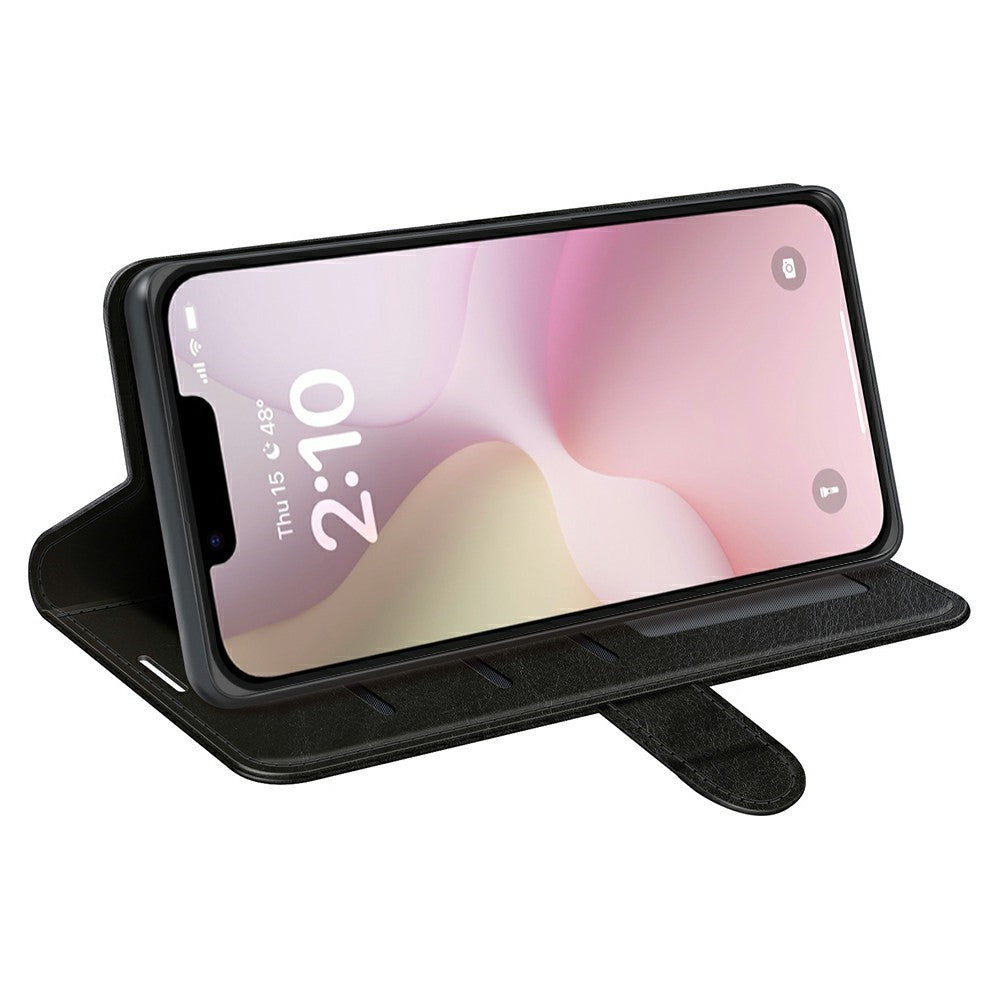 For iPhone 16e Wallet Case Crazy Horse Texture Stand Leather Phone Cover - Black