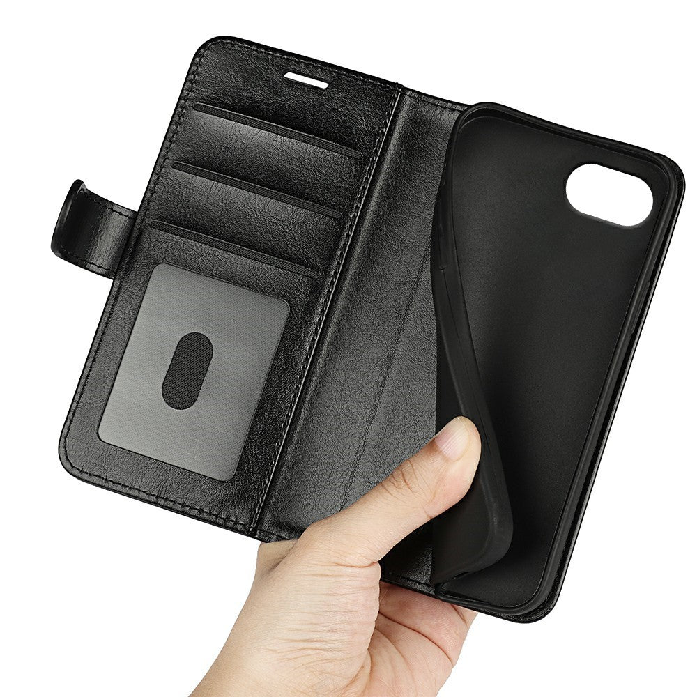 For iPhone 16e Wallet Case Crazy Horse Texture Stand Leather Phone Cover - Black